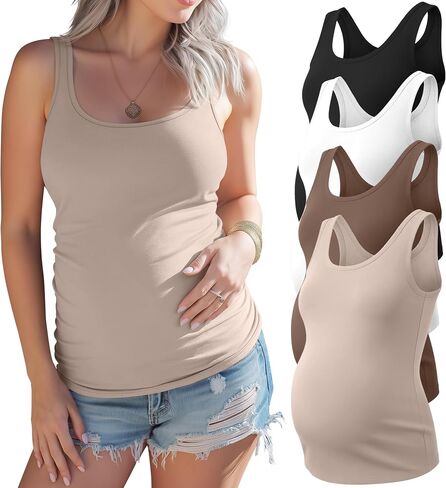 Xaatren 4 Pack Women's Maternity Tank Tops Pregnancy Sleeveless Shirts Camisole Scoop Neck Silm Fit Tops Casual Summer Tees in Kuwait
