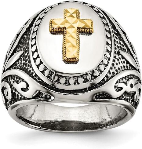 Stainless Steel with 14k Gold Accent Antiqued and Polished Cross Ring Size 9 to 12 in Kuwait