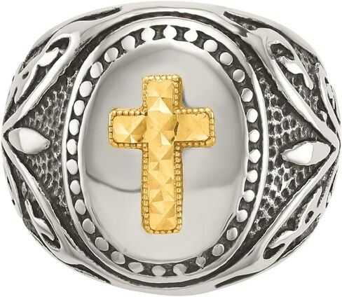 Stainless Steel with 14k Gold Accent Antiqued and Polished Cross Ring Size 9 to 12 in Kuwait
