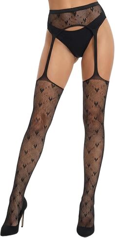 Lusofie Black Stockings for Garter Belts Heart Pattern - High Waist Sexy Thigh High Stockings for Valentine's Day Halloween - Fishnet All in One Design Garter Belt and Thigh Highs Set in Kuwait