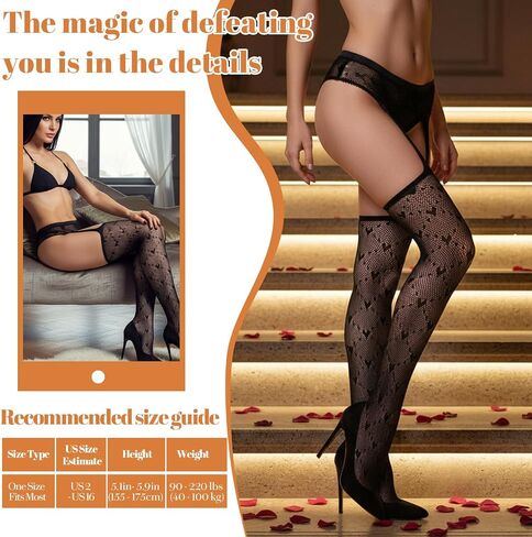 Lusofie Black Stockings for Garter Belts Heart Pattern - High Waist Sexy Thigh High Stockings for Valentine's Day Halloween - Fishnet All in One Design Garter Belt and Thigh Highs Set in Kuwait