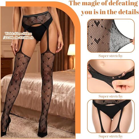 Lusofie Black Stockings for Garter Belts Heart Pattern - High Waist Sexy Thigh High Stockings for Valentine's Day Halloween - Fishnet All in One Design Garter Belt and Thigh Highs Set in Kuwait