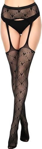 Lusofie Black Stockings for Garter Belts Heart Pattern - High Waist Sexy Thigh High Stockings for Valentine's Day Halloween - Fishnet All in One Design Garter Belt and Thigh Highs Set in Kuwait