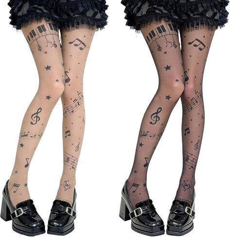 Twee Music Symbol Sheer Tights - 2 Pack Black and Nude, Lightweight Piano Tights with Music Notes, Y2K Grunge Patterned Funky Leggings, Club and Bar Style for Women in Saudi Arabia