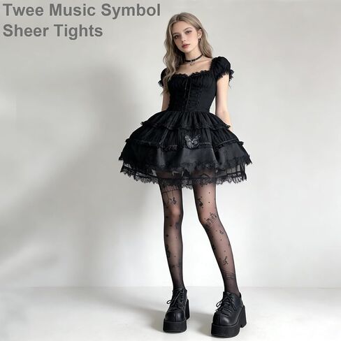 Twee Music Symbol Sheer Tights - 2 Pack Black and Nude, Lightweight Piano Tights with Music Notes, Y2K Grunge Patterned Funky Leggings, Club and Bar Style for Women in Saudi Arabia
