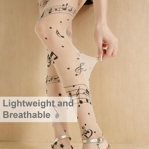 Twee Music Symbol Sheer Tights - 2 Pack Black and Nude, Lightweight Piano Tights with Music Notes, Y2K Grunge Patterned Funky Leggings, Club and Bar Style for Women in Saudi Arabia