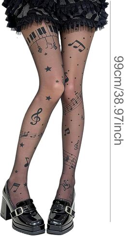 Twee Music Symbol Sheer Tights - 2 Pack Black and Nude, Lightweight Piano Tights with Music Notes, Y2K Grunge Patterned Funky Leggings, Club and Bar Style for Women in Saudi Arabia