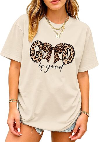 Christian Oversized Shirts for Teen Girls God is Good Bow Leopard Shirt Cute Graphic Jesus Tshirts Religious Tees in Kuwait