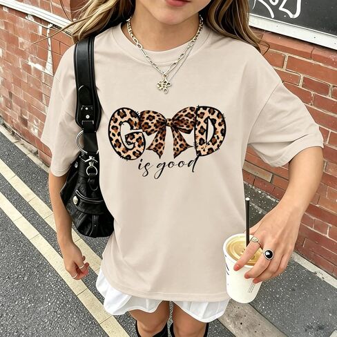 Christian Oversized Shirts for Teen Girls God is Good Bow Leopard Shirt Cute Graphic Jesus Tshirts Religious Tees in Kuwait