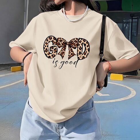 Christian Oversized Shirts for Teen Girls God is Good Bow Leopard Shirt Cute Graphic Jesus Tshirts Religious Tees in Kuwait