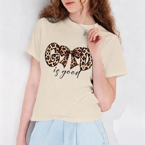Christian Oversized Shirts for Teen Girls God is Good Bow Leopard Shirt Cute Graphic Jesus Tshirts Religious Tees in Kuwait