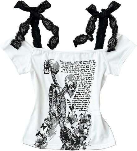 SOLY HUX Girl's Y2k Gothic Top Lace Bow Tie Cold Shoulder Vintage Graphic Tees Concert Tshirts Streetwear in Kuwait