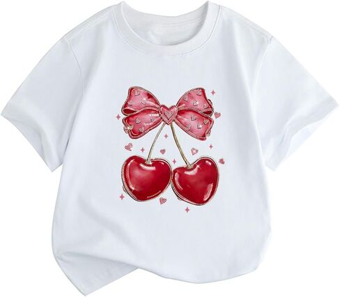 Bobeutou Girls Rhinestone Bow Cherry Shirt Cute Graphic Tees Kids Aesthetic Short Sleeve T Shirts Casual Summer Crew Neck Top in Saudi Arabia