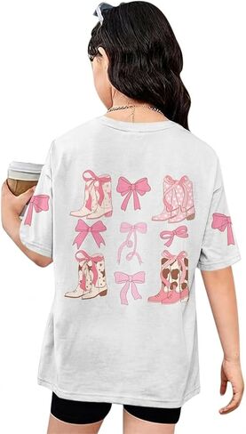 Cute Bow Graphic Shirts for Girls Preppy Coquette Cowgirl Tees Western Boots Print Short Sleeve T Shirt Summer Tops in Saudi Arabia