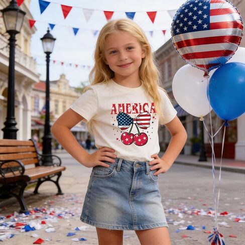 Girls 4th of July Shirts American Flag Bow Graphic Tshirts Cotton Short Sleeve Tees 3-13 Years in Saudi Arabia