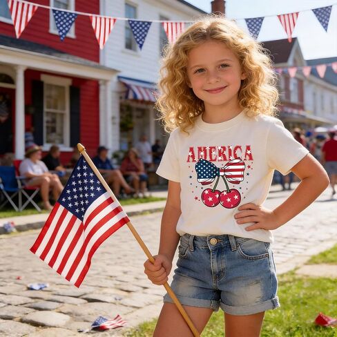 Girls 4th of July Shirts American Flag Bow Graphic Tshirts Cotton Short Sleeve Tees 3-13 Years in Saudi Arabia