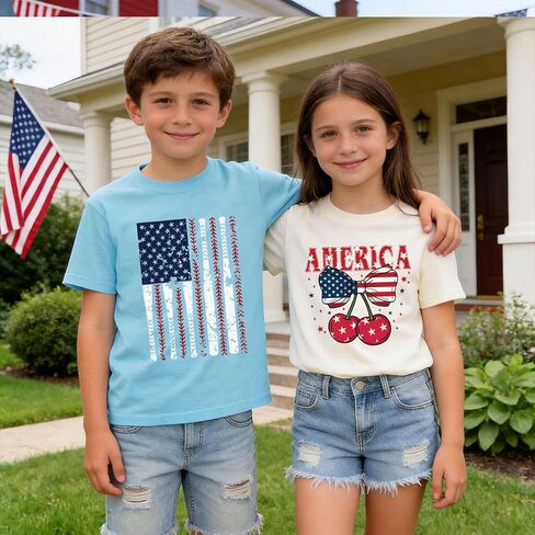 Girls 4th of July Shirts American Flag Bow Graphic Tshirts Cotton Short Sleeve Tees 3-13 Years in Saudi Arabia