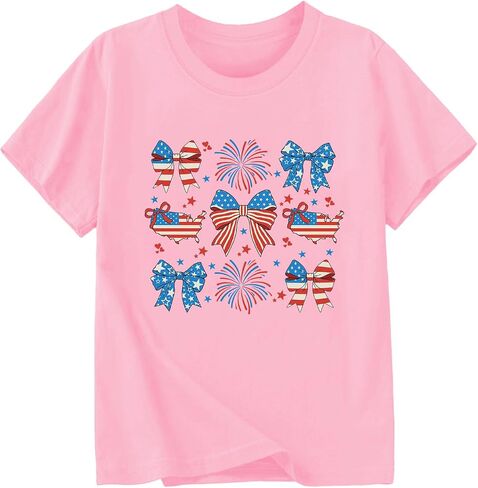 Girls 4th of July Shirts American Flag Bow Graphic Tshirts Cotton Short Sleeve Tees 3-13 Years in Saudi Arabia