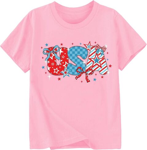 Girls 4th of July Shirts American Flag Bow Graphic Tshirts Cotton Short Sleeve Tees 3-13 Years in Saudi Arabia