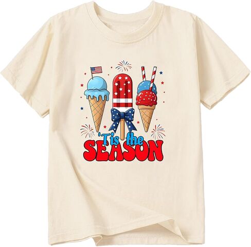 Girls 4th of July Shirts American Flag Bow Graphic Tshirts Cotton Short Sleeve Tees 3-13 Years in Saudi Arabia