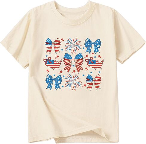 Girls 4th of July Shirts American Flag Bow Graphic Tshirts Cotton Short Sleeve Tees 3-13 Years in Saudi Arabia