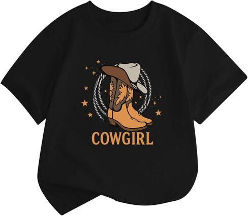 Fkatuzi Cowgirl Boots Hat Shirts for Girls Kids Western Country Shirt Rodeo T Shirts Cute Graphic Tee Cotton Summer Tops in Saudi Arabia