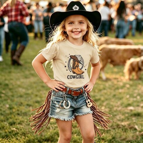 Fkatuzi Cowgirl Boots Hat Shirts for Girls Kids Western Country Shirt Rodeo T Shirts Cute Graphic Tee Cotton Summer Tops in Saudi Arabia