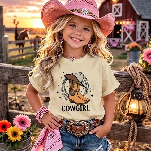 Fkatuzi Cowgirl Boots Hat Shirts for Girls Kids Western Country Shirt Rodeo T Shirts Cute Graphic Tee Cotton Summer Tops in Saudi Arabia