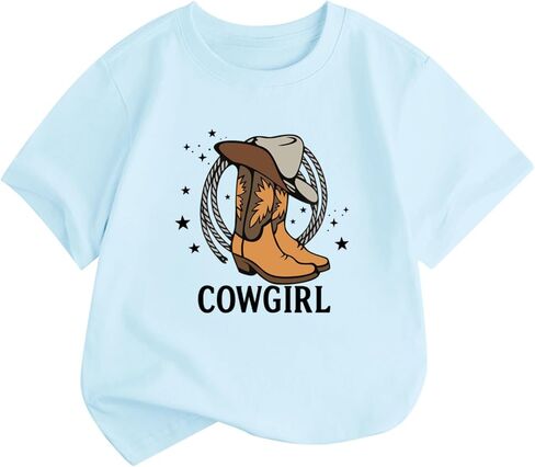 Fkatuzi Cowgirl Boots Hat Shirts for Girls Kids Western Country Shirt Rodeo T Shirts Cute Graphic Tee Cotton Summer Tops in Saudi Arabia
