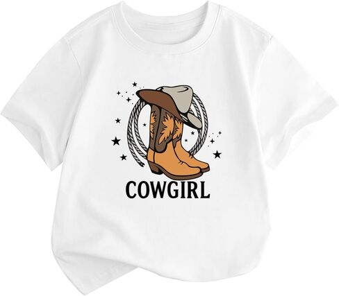 Fkatuzi Cowgirl Boots Hat Shirts for Girls Kids Western Country Shirt Rodeo T Shirts Cute Graphic Tee Cotton Summer Tops in Saudi Arabia
