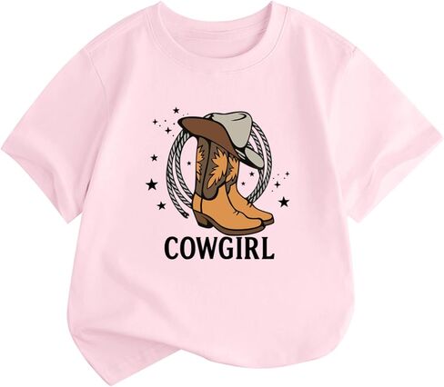 Fkatuzi Cowgirl Boots Hat Shirts for Girls Kids Western Country Shirt Rodeo T Shirts Cute Graphic Tee Cotton Summer Tops in Saudi Arabia