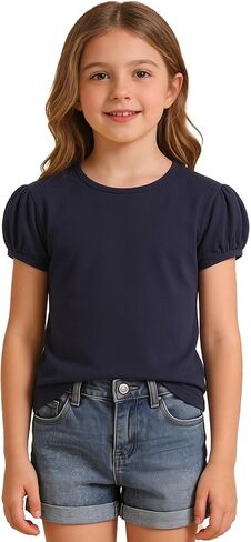 Girls Short Puff Sleeve T-Shirt Toddler Summer Basic Round Neck Cotton Tops Kids Fashion Tee Blouse for 2T-12 Years in Saudi Arabia
