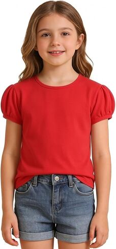 Girls Short Puff Sleeve T-Shirt Toddler Summer Basic Round Neck Cotton Tops Kids Fashion Tee Blouse for 2T-12 Years in Kuwait