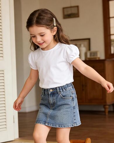 Girls Short Puff Sleeve T-Shirt Toddler Summer Basic Round Neck Cotton Tops Kids Fashion Tee Blouse for 2T-12 Years in Kuwait