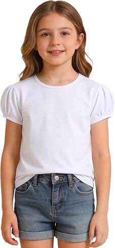 Girls Short Puff Sleeve T-Shirt Toddler Summer Basic Round Neck Cotton Tops Kids Fashion Tee Blouse for 2T-12 Years in Kuwait