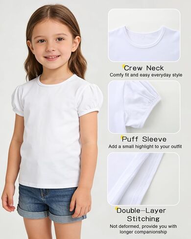 Girls Short Puff Sleeve T-Shirt Toddler Summer Basic Round Neck Cotton Tops Kids Fashion Tee Blouse for 2T-12 Years in Kuwait