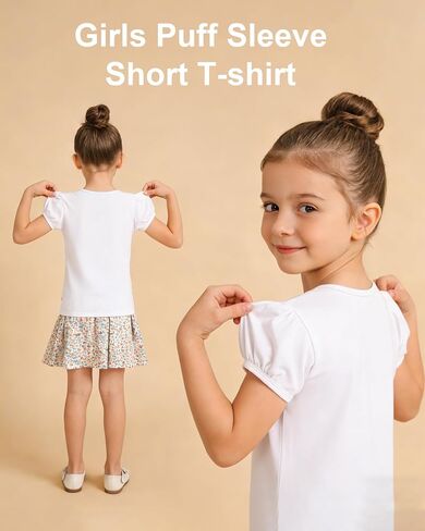 Girls Short Puff Sleeve T-Shirt Toddler Summer Basic Round Neck Cotton Tops Kids Fashion Tee Blouse for 2T-12 Years in Kuwait