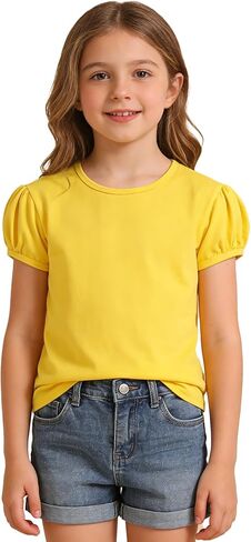 Girls Short Puff Sleeve T-Shirt Toddler Summer Basic Round Neck Cotton Tops Kids Fashion Tee Blouse for 2T-12 Years in Kuwait