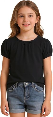 Girls Short Puff Sleeve T-Shirt Toddler Summer Basic Round Neck Cotton Tops Kids Fashion Tee Blouse for 2T-12 Years in Kuwait