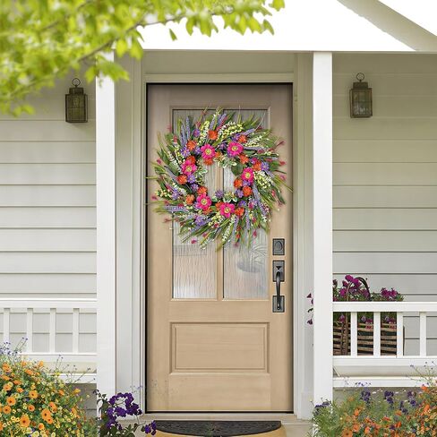 Christmas Wreaths for Front Door with Lights,24 inch Gold Large Christmas Wreaths Outdoor,Decorated with Christmas Ball,Pine Cones,Branches,Rose,Ribbon,Berry for Thanksgiving Fall Winter Decor in Kuwait