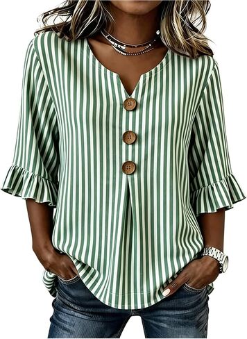 LOZ Blouses for Women Dressy Casual 3/4 Ruffle Sleeve Decorative Button Front Loose Fit Casual Work Tops Vacation Outfits in Saudi Arabia