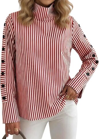 XNC Womens Long Sleeve Shirts High Neck Blue Striped Casual Pullover Tops Button Stretch Blouse 2026 Spring Fashion Outfits in Saudi Arabia
