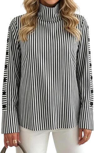 XNC Womens Long Sleeve Shirts High Neck Blue Striped Casual Pullover Tops Button Stretch Blouse 2026 Spring Fashion Outfits in Saudi Arabia