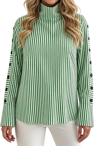 XNC Womens Long Sleeve Shirts High Neck Blue Striped Casual Pullover Tops Button Stretch Blouse 2026 Spring Fashion Outfits in Saudi Arabia
