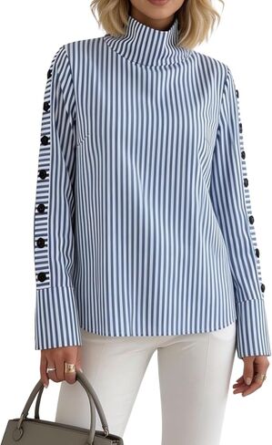 XNC Womens Long Sleeve Shirts High Neck Blue Striped Casual Pullover Tops Button Stretch Blouse 2026 Spring Fashion Outfits in Saudi Arabia