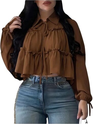 SOLY HUX Women's Bow Tie Front Babydoll Tops Collared Lantern Long Sleeve Peplum Ruffle High Low Hem Flowy Blouse in Kuwait