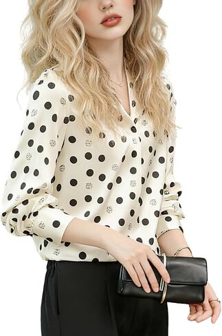 Womens Polka Dot Silk Blouse Elegant V Neck Loose Shirt Long Sleeve Business Casual Tops in Saudi Arabia