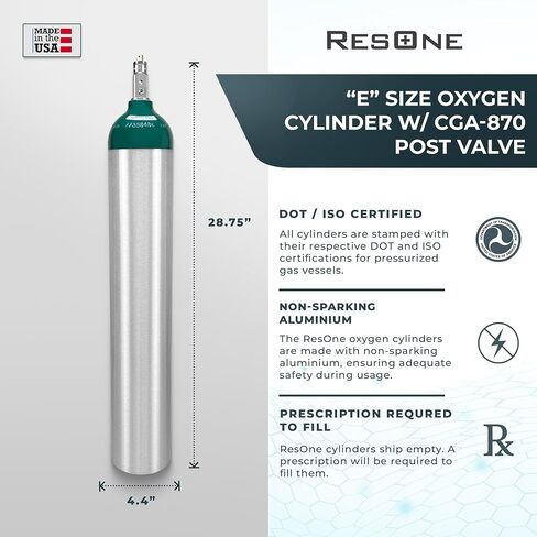 أسطوانة الأكسجين الطبي المحمولة من الألومنيوم من ResOne، مقاس E، مع صمام بريد CGA-870 للاستخدام الطبي - بدون شرارة، قبة خضراء، لمسة نهائية مصقولة، 24.1 قدم مكعب، السفن فارغة، مطلوب وصفة طبية لملءها in Kuwait