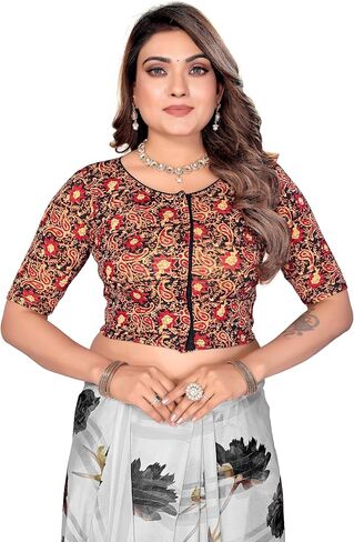 Kalamkari Printed Saree Blouse for Women, Cotton Spandex Double Layered Cloth Sari Tops Crop Top Choli Front Openable Hooks in Kuwait