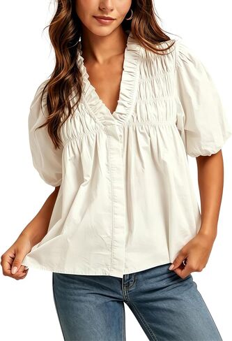 Esmeling Women Puff Short Sleeve Blouse Ruffle V Neck Smocked Top Loose Fit Flowy Summer Shirt in Saudi Arabia